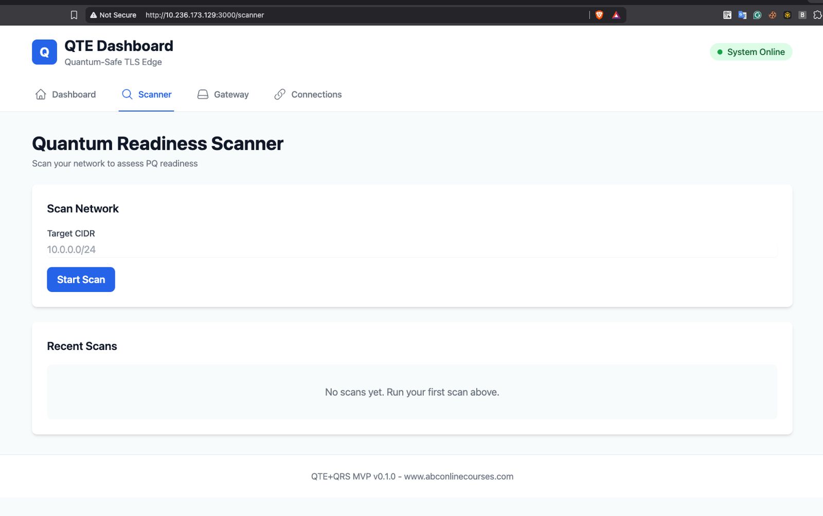 Quantum Terminator interface showing the Quantum Scanner auditing infrastructure